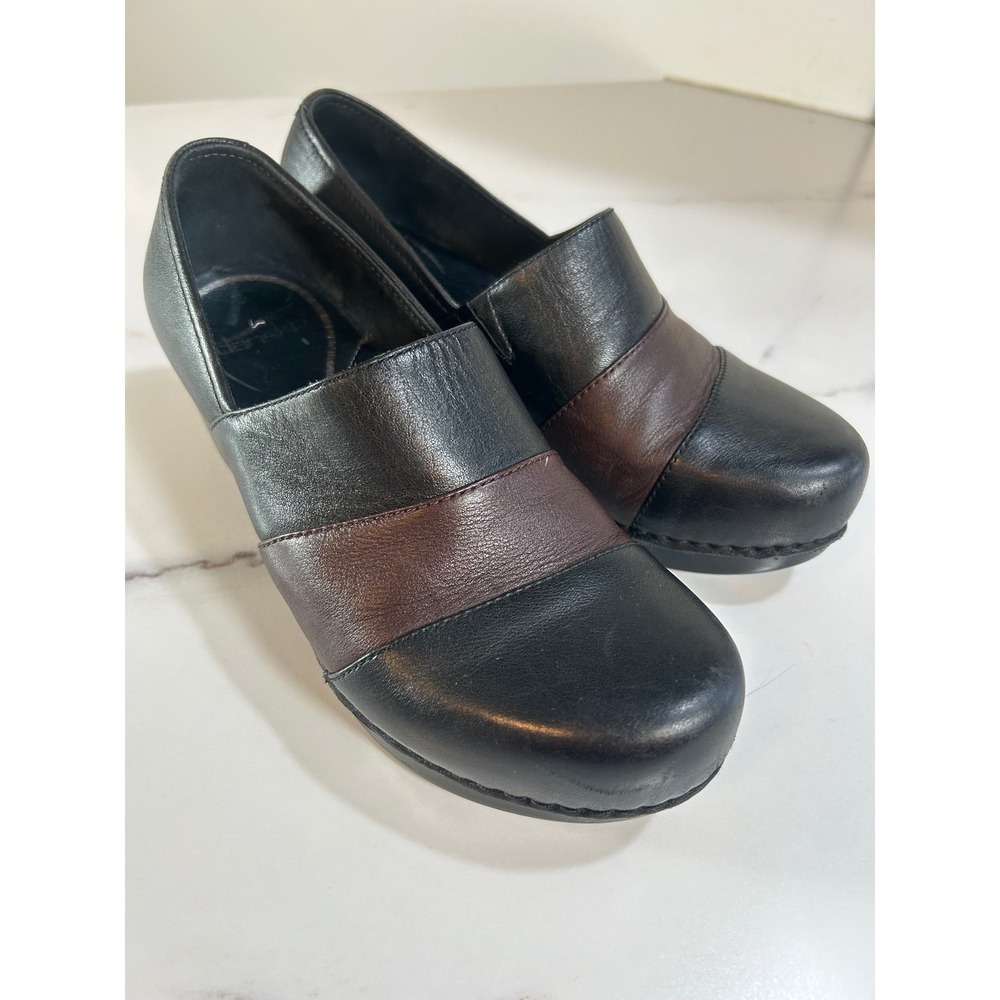 Dansko Professional Leather Clogs Black Brown Two Tone Slip On Shoes‎ Womens 38
